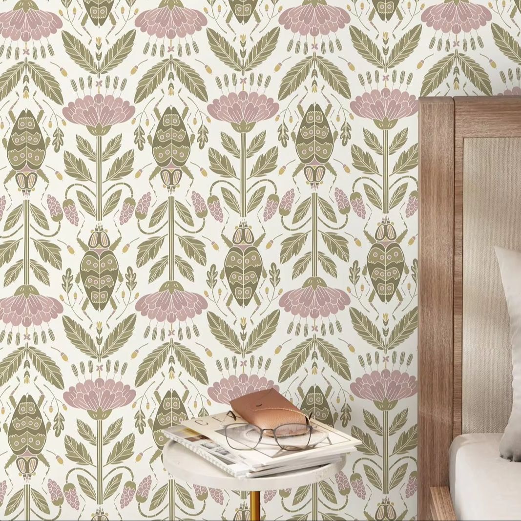 Pink Floral and Beetle Wallpap - Herbal Wallpaper recension och pris