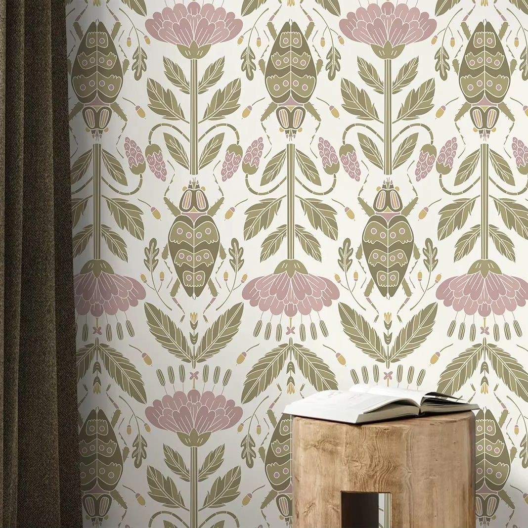 Pink Floral and Beetle Wallpap - Herbal Wallpaper recension och pris
