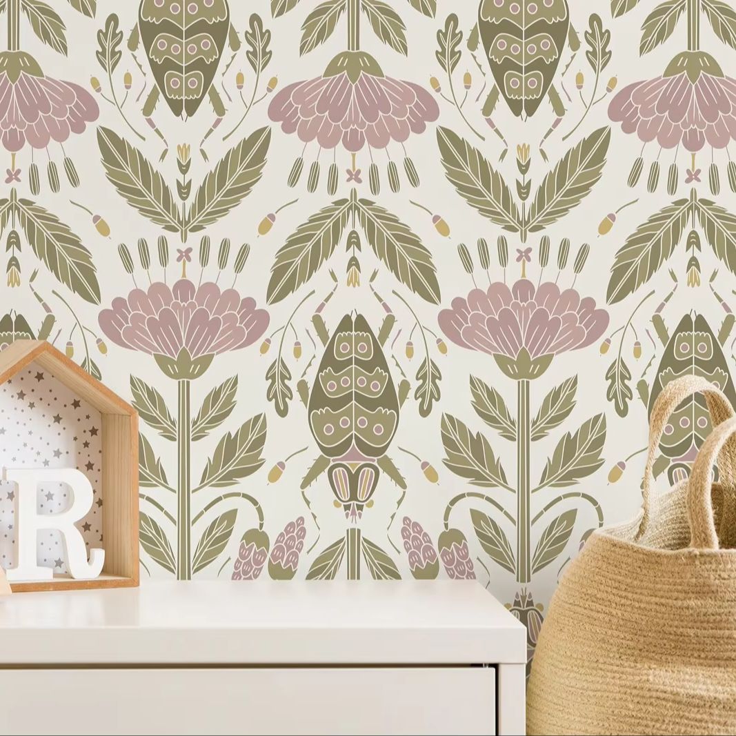 Pink Floral and Beetle Wallpap - Herbal Wallpaper recension och pris