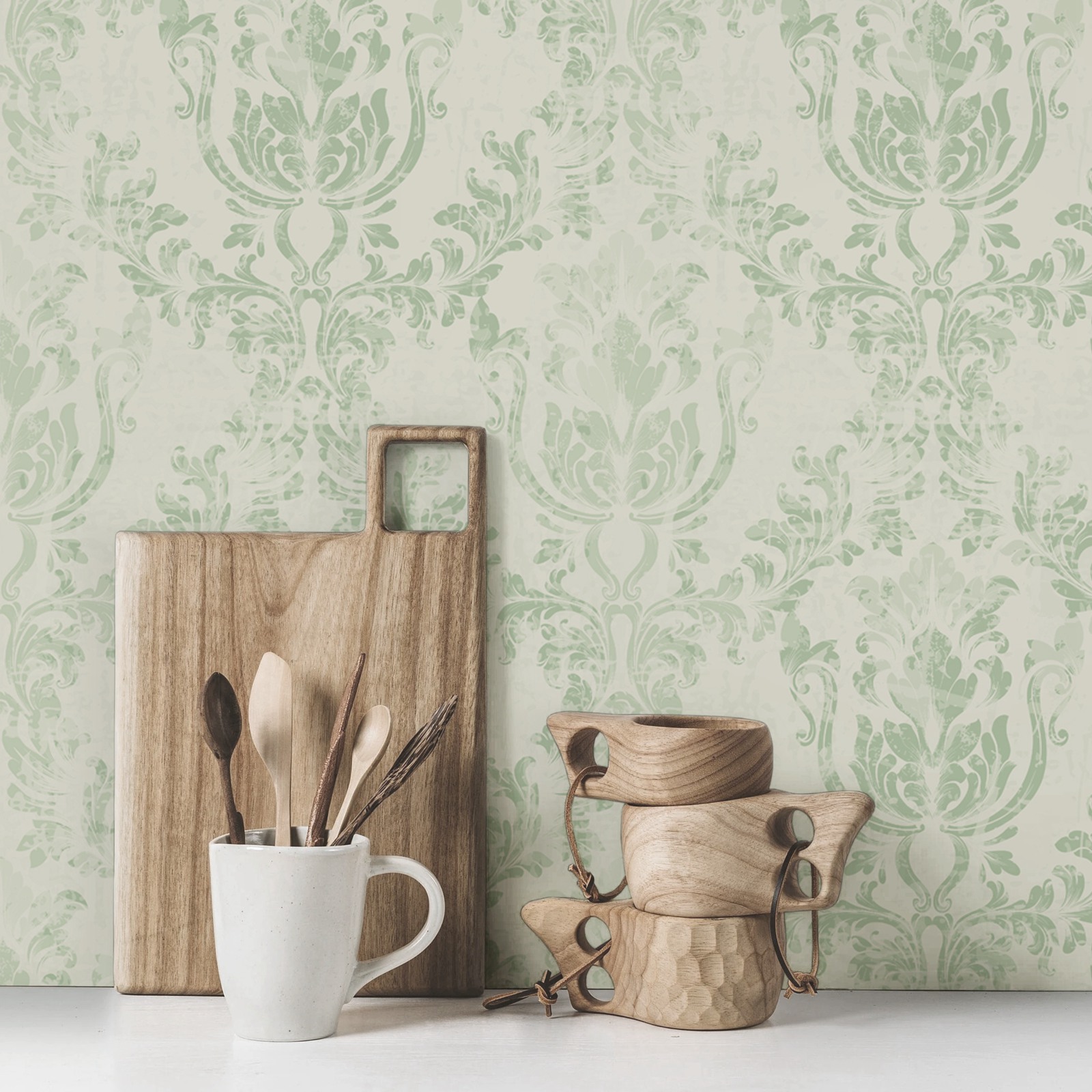 Vintage Green Damask Wallpaper - Herbal Wallpaper recension och pris